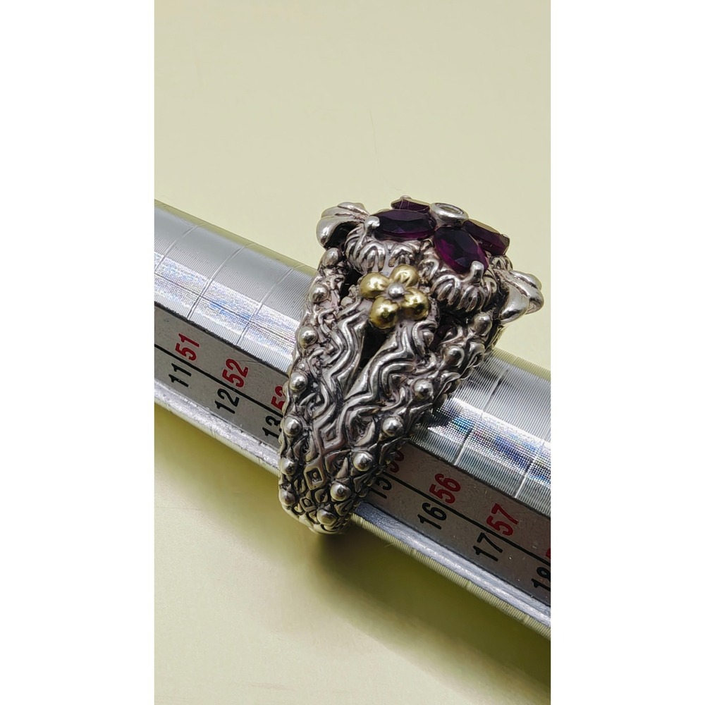 Barbara Bixby Sterling Silver 18K Gold Garnet White Topaz Floral Ring. Size 7 - Picture 10 of 11